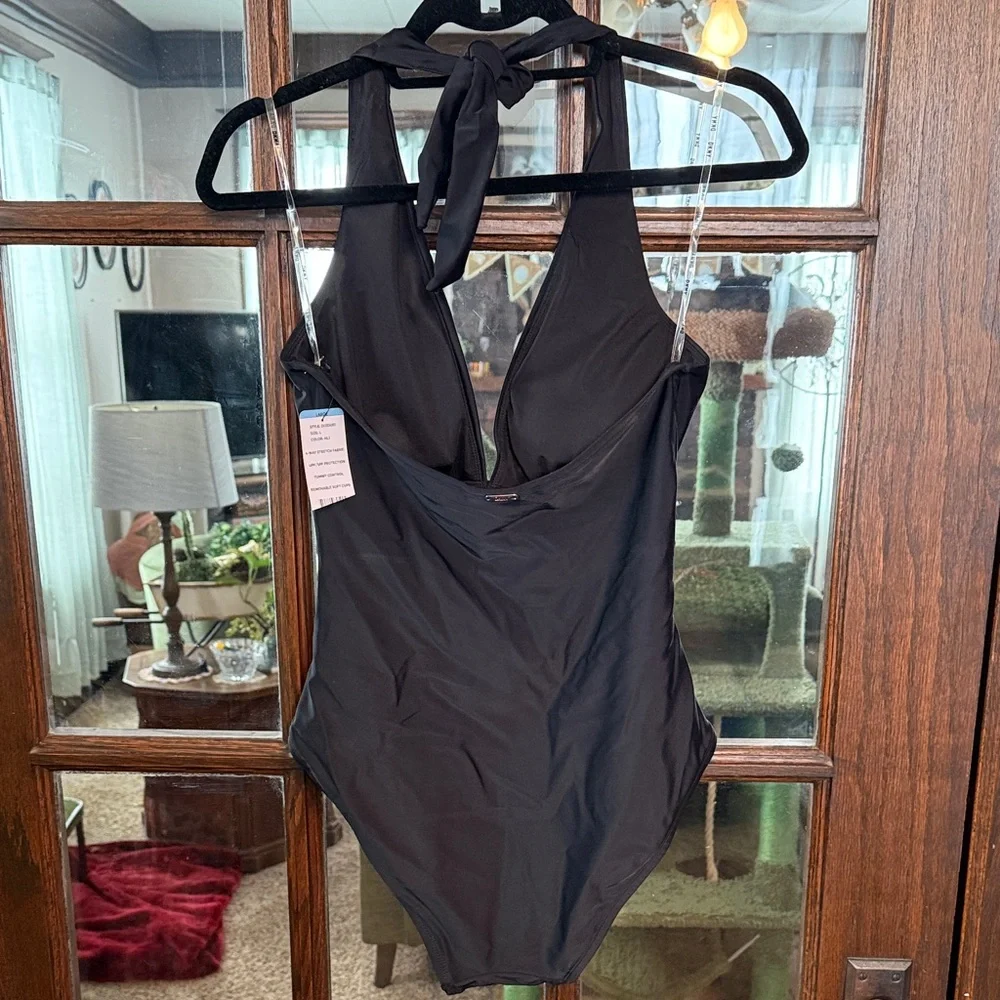 DKNY Womens Black Ruched Halter One Piece Swimsuit Tummy Control DI2SS001 L - Picture 6 of 6